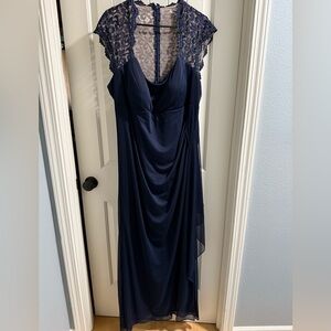 Xscape Navy Blue Lace Cap Sleeve Maxi Dress